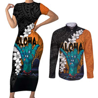 Hawaiian Halloween Couples Matching Short Sleeve Bodycon Dress and Long Sleeve Button Shirt Horror Shaka Hand with Plumeria and Polynesian Tattoo Autumn Color
