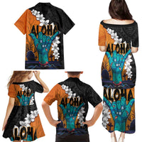 Hawaiian Halloween Family Matching Puletasi and Hawaiian Shirt Horror Shaka Hand with Plumeria and Polynesian Tattoo Autumn Color
