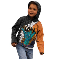 Hawaiian Halloween Kid Hoodie Horror Shaka Hand with Plumeria and Polynesian Tattoo Autumn Color