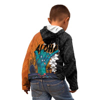 Hawaiian Halloween Kid Hoodie Horror Shaka Hand with Plumeria and Polynesian Tattoo Autumn Color