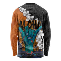 Hawaiian Halloween Long Sleeve Shirt Horror Shaka Hand with Plumeria and Polynesian Tattoo Autumn Color