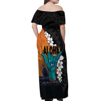 Hawaiian Halloween Off Shoulder Maxi Dress Horror Shaka Hand with Plumeria and Polynesian Tattoo Autumn Color