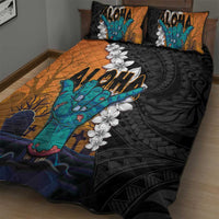 Hawaiian Halloween Quilt Bed Set Horror Shaka Hand with Plumeria and Polynesian Tattoo Autumn Color