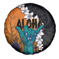 Hawaiian Halloween Spare Tire Cover Horror Shaka Hand with Plumeria and Polynesian Tattoo Autumn Color
