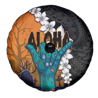 Hawaiian Halloween Spare Tire Cover Horror Shaka Hand with Plumeria and Polynesian Tattoo Autumn Color