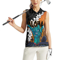 Hawaiian Halloween Women Sleeveless Polo Shirt Horror Shaka Hand with Plumeria and Polynesian Tattoo Autumn Color