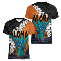 Hawaiian Halloween Women V-Neck T-Shirt Horror Shaka Hand with Plumeria and Polynesian Tattoo Autumn Color