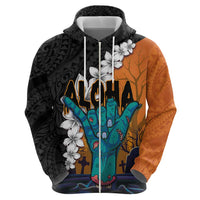 Hawaiian Halloween Zip Hoodie Horror Shaka Hand with Plumeria and Polynesian Tattoo Autumn Color