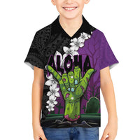 Hawaiian Halloween Family Matching Short Sleeve Bodycon Dress and Hawaiian Shirt Horror Shaka Hand with Plumeria and Polynesian Tattoo Midnight Color LT03 Son's Shirt Purple - Polynesian Pride
