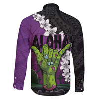 Hawaiian Halloween Family Matching Summer Maxi Dress and Hawaiian Shirt Horror Shaka Hand with Plumeria and Polynesian Tattoo Midnight Color