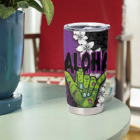 Hawaiian Halloween Tumbler Cup Horror Shaka Hand with Plumeria and Polynesian Tattoo Midnight Color