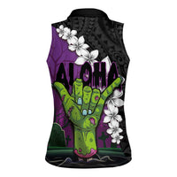 Hawaiian Halloween Women Sleeveless Polo Shirt Horror Shaka Hand with Plumeria and Polynesian Tattoo Midnight Color