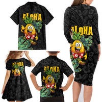 Hawaiian Halloween Family Matching Long Sleeve Bodycon Dress and Hawaiian Shirt Aloha Pinapple with Mysterious Hands and Polynesian Tribal Tattoo