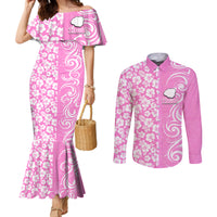 Hawaii Kauai Island Couples Matching Mermaid Dress and Long Sleeve Button Shirts Hibiscus Pattern Seamless Tribal Simple Pink LT03 Pink - Polynesian Pride