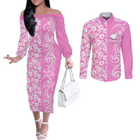 Hawaii Kauai Island Couples Matching Off The Shoulder Long Sleeve Dress and Long Sleeve Button Shirts Hibiscus Pattern Seamless Tribal Simple Pink LT03 Pink - Polynesian Pride