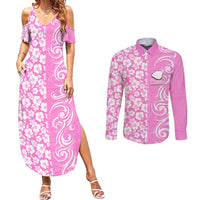 Hawaii Kauai Island Couples Matching Summer Maxi Dress and Long Sleeve Button Shirts Hibiscus Pattern Seamless Tribal Simple Pink LT03 Pink - Polynesian Pride