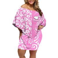Hawaii Kauai Island Off Shoulder Short Dress Hibiscus Pattern Seamless Tribal Simple Pink LT03 Women Pink - Polynesian Pride