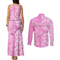 Custom Hawaii Kauai Island Couples Matching Tank Maxi Dress and Long Sleeve Button Shirts Hibiscus Pattern Seamless Tribal Simple Pink LT03 - Polynesian Pride