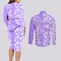 Hawaii Kauai Island Couples Matching Long Sleeve Bodycon Dress and Long Sleeve Button Shirts Hibiscus Pattern Seamless Tribal Simple Purple LT03 - Polynesian Pride