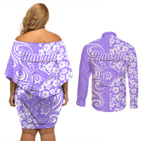 Hawaii Kauai Island Couples Matching Off Shoulder Short Dress and Long Sleeve Button Shirts Hibiscus Pattern Seamless Tribal Simple Purple LT03 - Polynesian Pride