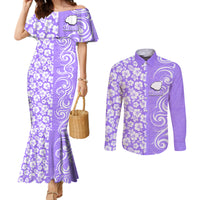 Custom Hawaii Kauai Island Couples Matching Mermaid Dress and Long Sleeve Button Shirts Hibiscus Pattern Seamless Tribal Simple Purple LT03 Purple - Polynesian Pride