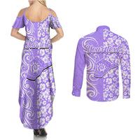 Custom Hawaii Kauai Island Couples Matching Summer Maxi Dress and Long Sleeve Button Shirts Hibiscus Pattern Seamless Tribal Simple Purple LT03 - Polynesian Pride