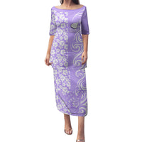 Custom Hawaii Kauai Island Family Matching Puletasi Dress and Hawaiian Shirt Hibiscus Pattern Seamless Tribal Simple Purple LT03 Mom's Dress Purple - Polynesian Pride