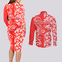 Hawaii Kauai Island Couples Matching Long Sleeve Bodycon Dress and Long Sleeve Button Shirts Hibiscus Pattern Seamless Tribal Simple Red LT03 - Polynesian Pride