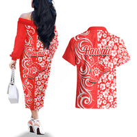 Hawaii Kauai Island Couples Matching Off The Shoulder Long Sleeve Dress and Hawaiian Shirt Hibiscus Pattern Seamless Tribal Simple Red LT03 - Polynesian Pride