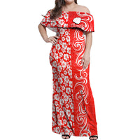 Hawaii Kauai Island Off Shoulder Maxi Dress Hibiscus Pattern Seamless Tribal Simple Red LT03 Women Red - Polynesian Pride