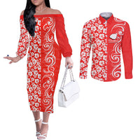 Custom Hawaii Kauai Island Couples Matching Off The Shoulder Long Sleeve Dress and Long Sleeve Button Shirts Hibiscus Pattern Seamless Tribal Simple Red LT03 Red - Polynesian Pride