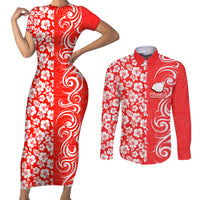 Custom Hawaii Kauai Island Couples Matching Short Sleeve Bodycon Dress and Long Sleeve Button Shirts Hibiscus Pattern Seamless Tribal Simple Red LT03 Red - Polynesian Pride