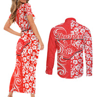 Custom Hawaii Kauai Island Couples Matching Short Sleeve Bodycon Dress and Long Sleeve Button Shirts Hibiscus Pattern Seamless Tribal Simple Red LT03 - Polynesian Pride
