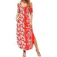 Custom Hawaii Kauai Island Summer Maxi Dress Hibiscus Pattern Seamless Tribal Simple Red LT03 Women Red - Polynesian Pride