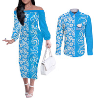 Hawaii Kauai Island Couples Matching Off The Shoulder Long Sleeve Dress and Long Sleeve Button Shirts Hibiscus Pattern Seamless Tribal Simple Blue LT03 Blue - Polynesian Pride