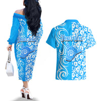 Custom Hawaii Kauai Island Couples Matching Off The Shoulder Long Sleeve Dress and Hawaiian Shirt Hibiscus Pattern Seamless Tribal Simple Blue LT03 - Polynesian Pride