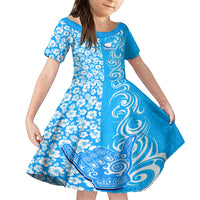 Custom Hawaii Kauai Island Family Matching Short Sleeve Bodycon Dress and Hawaiian Shirt Hibiscus Pattern Seamless Tribal Simple Blue LT03 Daughter's Dress Blue - Polynesian Pride