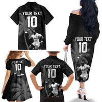 Custom Fiji Rugby Pacific Champions 2024 Family Matching Off The Shoulder Long Sleeve Dress and Hawaiian Shirt Anniversary 7 Titles - Fijians Rugby and Tapa Hibiscus Black Art