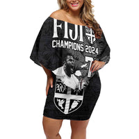 Custom Fiji Rugby Pacific Champions 2024 Family Matching Off Shoulder Short Dress and Hawaiian Shirt Anniversary 7 Titles - Fijians Rugby and Tapa Hibiscus Black Art