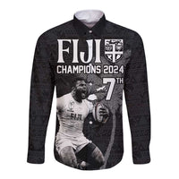 Custom Fiji Rugby Pacific Champions 2024 Long Sleeve Button Shirt Anniversary 7 Titles - Fijians Rugby and Tapa Hibiscus Black Art