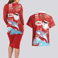 Hawaiian Mele Kalikimaka Couples Matching Long Sleeve Bodycon Dress and Hawaiian Shirt Funny Santa Riding Lei Dolphin with Kakau Tattoos - Polynesian Pride