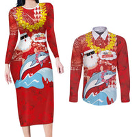 Hawaiian Mele Kalikimaka Couples Matching Long Sleeve Bodycon Dress and Long Sleeve Button Shirt Funny Santa Riding Lei Dolphin with Kakau Tattoos - Polynesian Pride