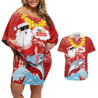 Hawaiian Mele Kalikimaka Couples Matching Off Shoulder Short Dress and Hawaiian Shirt Funny Santa Riding Lei Dolphin with Kakau Tattoos - Polynesian Pride