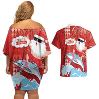 Hawaiian Mele Kalikimaka Couples Matching Off Shoulder Short Dress and Hawaiian Shirt Funny Santa Riding Lei Dolphin with Kakau Tattoos - Polynesian Pride