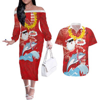 Hawaiian Mele Kalikimaka Couples Matching Off The Shoulder Long Sleeve Dress and Hawaiian Shirt Funny Santa Riding Lei Dolphin with Kakau Tattoos - Polynesian Pride