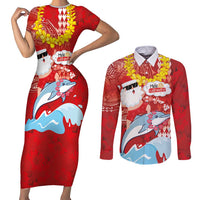 Hawaiian Mele Kalikimaka Couples Matching Short Sleeve Bodycon Dress and Long Sleeve Button Shirt Funny Santa Riding Lei Dolphin with Kakau Tattoos - Polynesian Pride