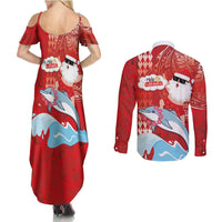 Hawaiian Mele Kalikimaka Couples Matching Summer Maxi Dress and Long Sleeve Button Shirt Funny Santa Riding Lei Dolphin with Kakau Tattoos - Polynesian Pride