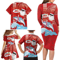 Hawaiian Mele Kalikimaka Family Matching Long Sleeve Bodycon Dress and Hawaiian Shirt Funny Santa Riding Lei Dolphin with Kakau Tattoos - Polynesian Pride