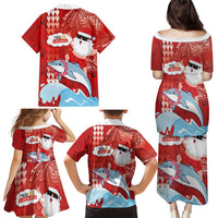 Hawaiian Mele Kalikimaka Family Matching Puletasi and Hawaiian Shirt Funny Santa Riding Lei Dolphin with Kakau Tattoos - Polynesian Pride
