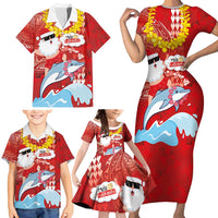 Hawaiian Mele Kalikimaka Family Matching Short Sleeve Bodycon Dress and Hawaiian Shirt Funny Santa Riding Lei Dolphin with Kakau Tattoos - Polynesian Pride